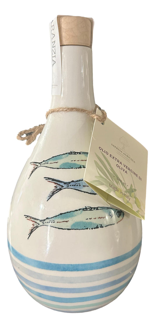 Olio Extravergine di Oliva - Bottiglia in ceramica con tappo dosatore dipinta a mano con alici e righe - 500 ml