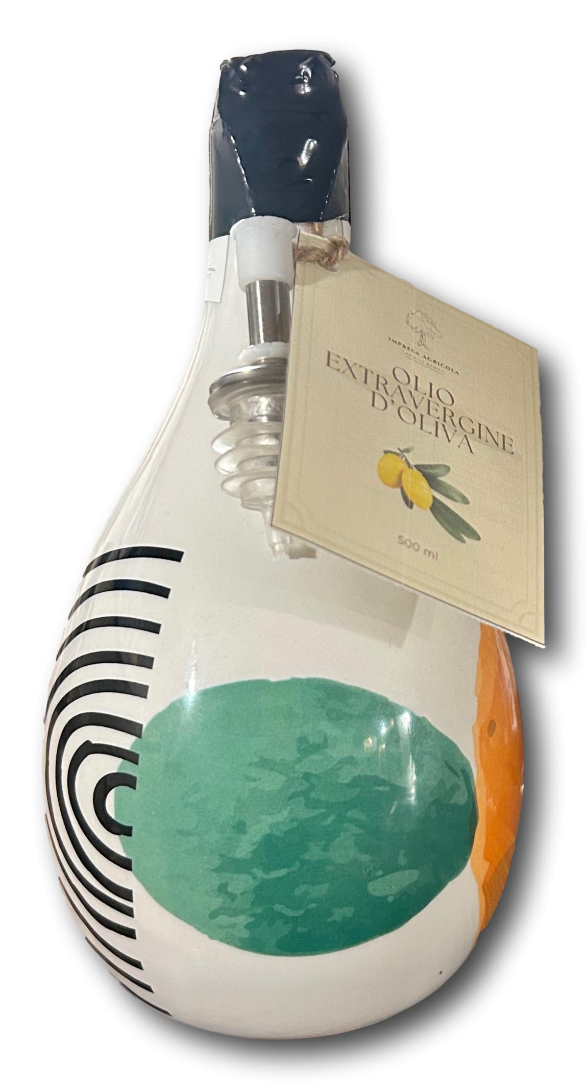 Olio Extravergine di Oliva - Bottiglia in ceramica dipinta a mano con tappo dosatore - 500 ml